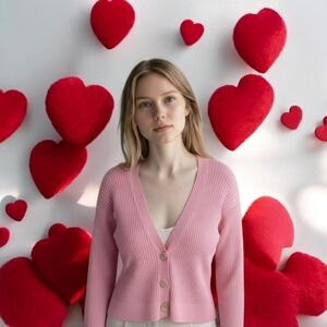 Pink Ribbed Cardigan W Mother of Pearl Buttons Size Large EUC